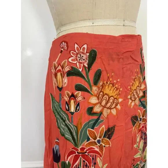 Farm Rio - Coral Floral Midi Skirt with Vibrant Print, Size M - Picture 5 of 10